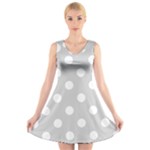 Polka Dots - White on Light Gray V-Neck Sleeveless Dress