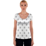 Polka Dots - Silver Gray on White Women s V-Neck Cap Sleeve Top