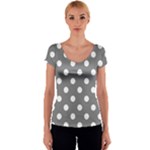 Polka Dots - White on Gray Women s V-Neck Cap Sleeve Top