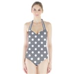Polka Dots - White on Gray Women s Halter One Piece Swimsuit