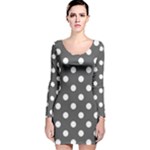 Polka Dots - White on Dark Gray Long Sleeve Velvet Bodycon Dress