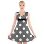 Polka Dots - White on Dark Gray V-Neck Sleeveless Dress
