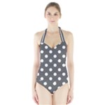 Polka Dots - White on Dark Gray Women s Halter One Piece Swimsuit