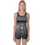 Black Alligator Leather Pattern One Piece Boyleg Swimsuit