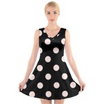 Polka Dots - Misty Rose Pink on Black V-Neck Sleeveless Dress
