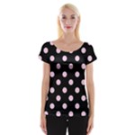 Polka Dots - Classic Rose Pink on Black Women s Cap Sleeve Top