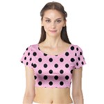 Polka Dots - Black on Cotton Candy Pink Short Sleeve Crop Top (Tight Fit)