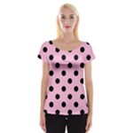 Polka Dots - Black on Cotton Candy Pink Women s Cap Sleeve Top