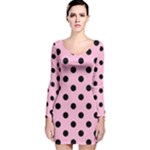 Polka Dots - Black on Cotton Candy Pink Long Sleeve Velvet Bodycon Dress