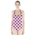 Polka Dots - Black on Cotton Candy Pink Women s Halter One Piece Swimsuit