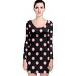 Polka Dots - Light Pink on Black Long Sleeve Velvet Bodycon Dress