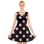 Polka Dots - Light Pink on Black V-Neck Sleeveless Dress