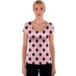 Polka Dots - Black on Pink Women s V-Neck Cap Sleeve Top