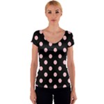 Polka Dots - Pink on Black Women s V-Neck Cap Sleeve Top