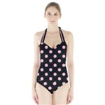 Polka Dots - Pink on Black Women s Halter One Piece Swimsuit