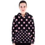 Polka Dots - Cherry Blossom Pink on Black Women s Zipper Hoodie