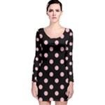 Polka Dots - Cherry Blossom Pink on Black Long Sleeve Velvet Bodycon Dress