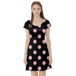 Polka Dots - Cherry Blossom Pink on Black Short Sleeve Skater Dress