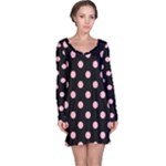 Polka Dots - Cherry Blossom Pink on Black Long Sleeve Nightdress