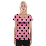 Polka Dots - Black on Flamingo Pink Women s Cap Sleeve Top