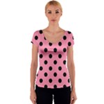 Polka Dots - Black on Flamingo Pink Women s V-Neck Cap Sleeve Top