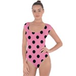 Polka Dots - Black on Flamingo Pink Short Sleeve Leotard (Ladies)