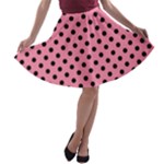Polka Dots - Black on Flamingo Pink A-line Skater Skirt