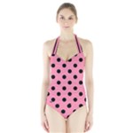 Polka Dots - Black on Flamingo Pink Women s Halter One Piece Swimsuit