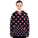 Polka Dots - Flamingo Pink on Black Women s Zipper Hoodie
