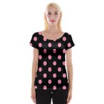 Polka Dots - Flamingo Pink on Black Women s Cap Sleeve Top