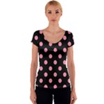 Polka Dots - Flamingo Pink on Black Women s V-Neck Cap Sleeve Top