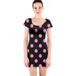 Polka Dots - Flamingo Pink on Black Short Sleeve Bodycon Dress