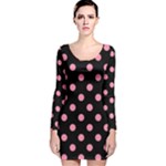 Polka Dots - Flamingo Pink on Black Long Sleeve Velvet Bodycon Dress