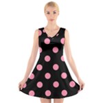 Polka Dots - Flamingo Pink on Black V-Neck Sleeveless Dress