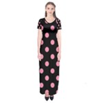Polka Dots - Flamingo Pink on Black Short Sleeve Maxi Dress