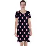 Polka Dots - Flamingo Pink on Black Short Sleeve Nightdress
