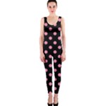 Polka Dots - Flamingo Pink on Black OnePiece Catsuit