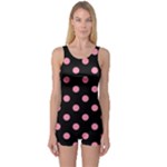 Polka Dots - Flamingo Pink on Black One Piece Boyleg Swimsuit