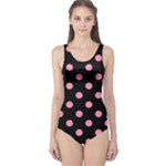 Polka Dots - Flamingo Pink on Black One Piece Swimsuit