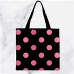 Polka Dots - Flamingo Pink on Black Zipper Grocery Tote Bag