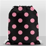 Polka Dots - Flamingo Pink on Black Drawstring Bag (Small)