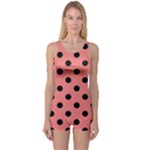 Polka Dots - Black on Coral Pink One Piece Boyleg Swimsuit