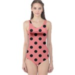 Polka Dots - Black on Coral Pink One Piece Swimsuit