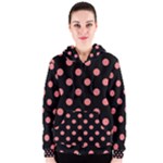Polka Dots - Coral Pink on Black Women s Zipper Hoodie