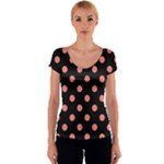 Polka Dots - Coral Pink on Black Women s V-Neck Cap Sleeve Top