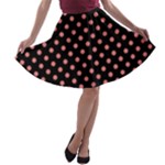 Polka Dots - Coral Pink on Black A-line Skater Skirt