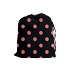 Polka Dots - Coral Pink on Black Drawstring Pouch (L)