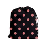 Polka Dots - Coral Pink on Black Drawstring Pouch (XL)