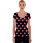Polka Dots - Dark Pink on Black Women s V-Neck Cap Sleeve Top