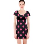 Polka Dots - Dark Pink on Black Short Sleeve Bodycon Dress
